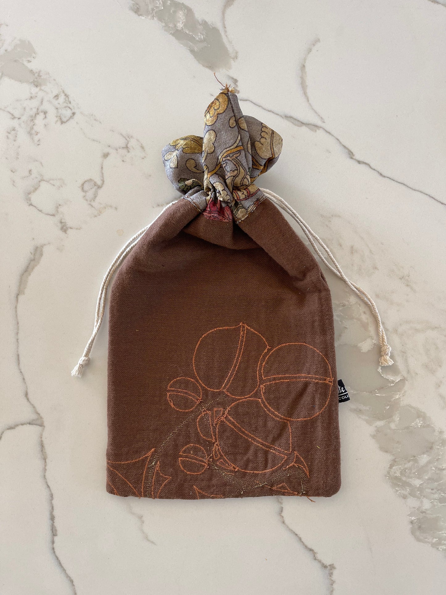 Mocha Brown Embroidered Tie Bag