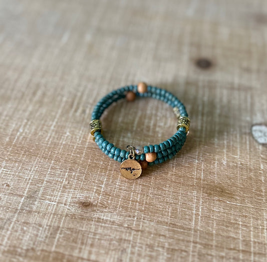 Teal & Wood Bead Bracelet with WRP charm