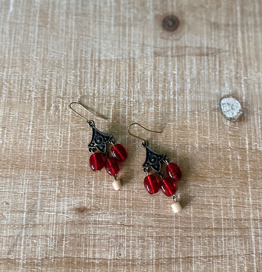 Red Bead & Brass Pendant Earring